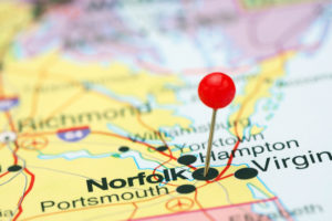 Norfolk pinned on a map of USA